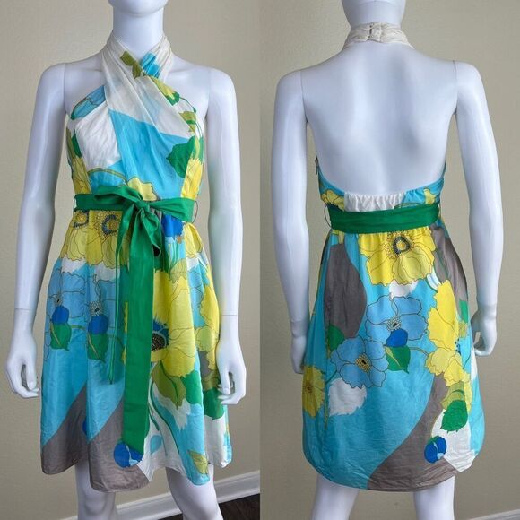 Vintage Tibi Women's Size 2 Silk Floral Halter Mini Dress Y2K Fit & Flare Retro - Picture 1 of 14